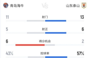 海牛vs泰山数据：泰山队控球率、射门数占优，海牛5次射正进4球